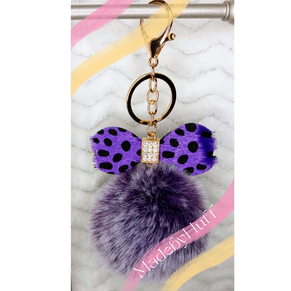 Fluffy Pom Pom Keychain with Bow and Faux Rhinestones Purple Stone – Made  by Sherry Huff